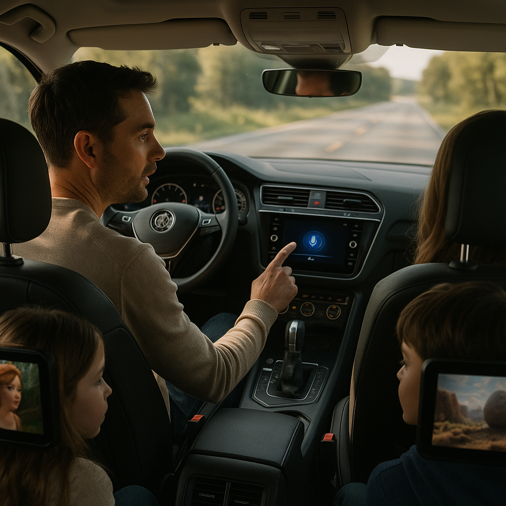 Family using rear screens and voice control features within in car entertainment systems