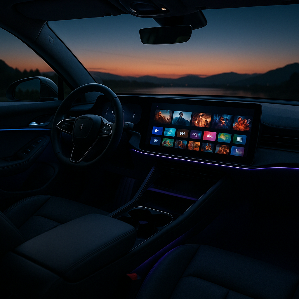 Electric vehicle cabin showcasing next generation in car entertainment systems
