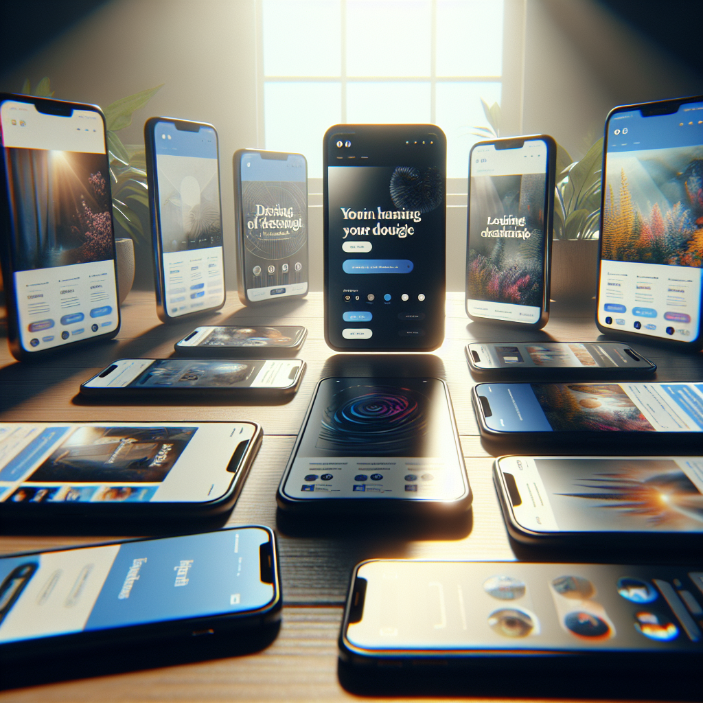 Different designs of social media landing pages displayed on smartphone screens