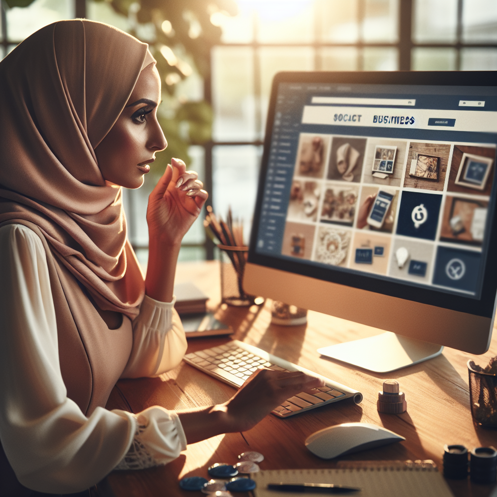 Small business owner designing social media landing pages on desktop computer