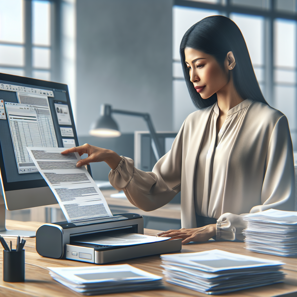 Worker digitising paperwork as part of paperless office solutions in a contemporary office