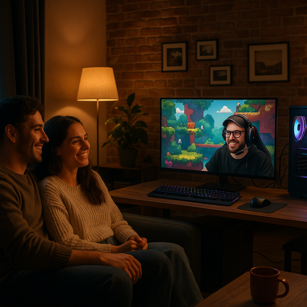 Friends watching a streamer play colourful titles representing indie games that went viral thanks to streaming