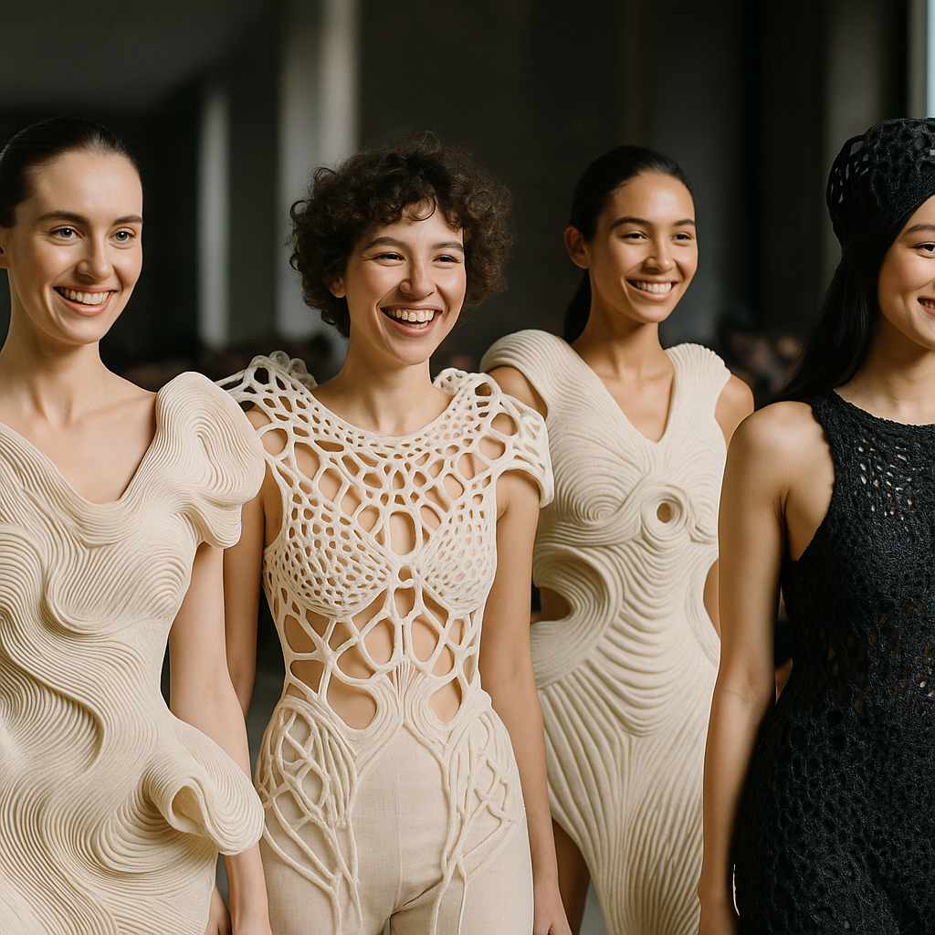 Model walking a runway in avant garde 3D printed fashion with sculptural dress details