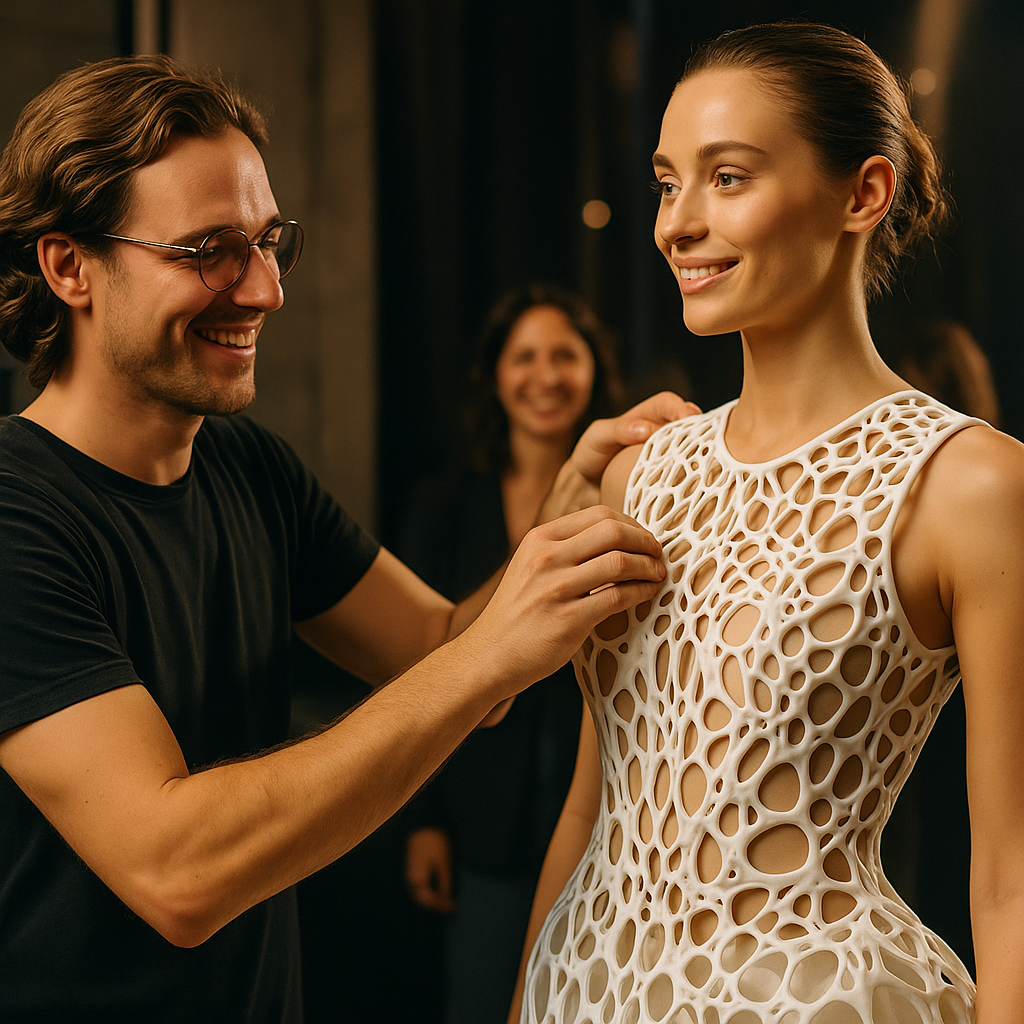 Designer fitting a detailed 3D printed fashion piece on a model backstage