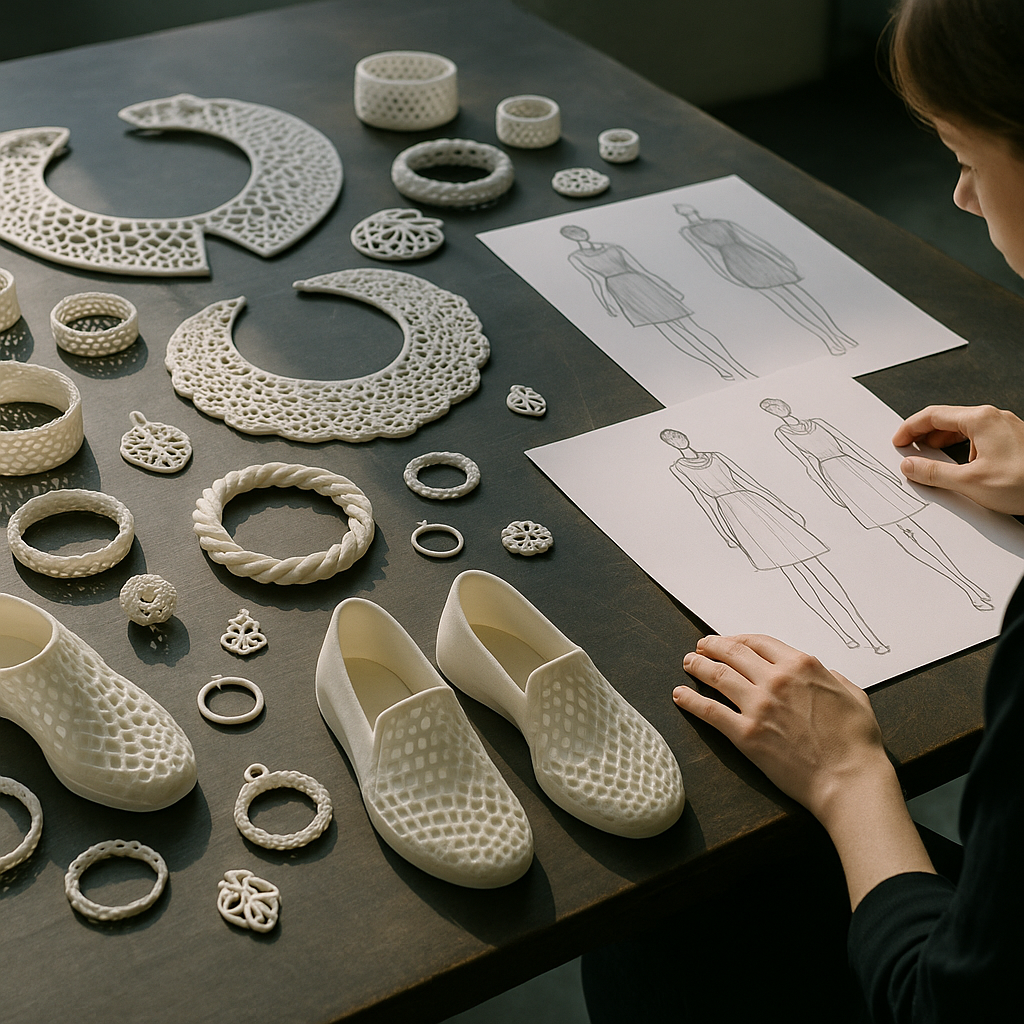 Studio workspace displaying innovative 3D printed fashion accessories and prototypes