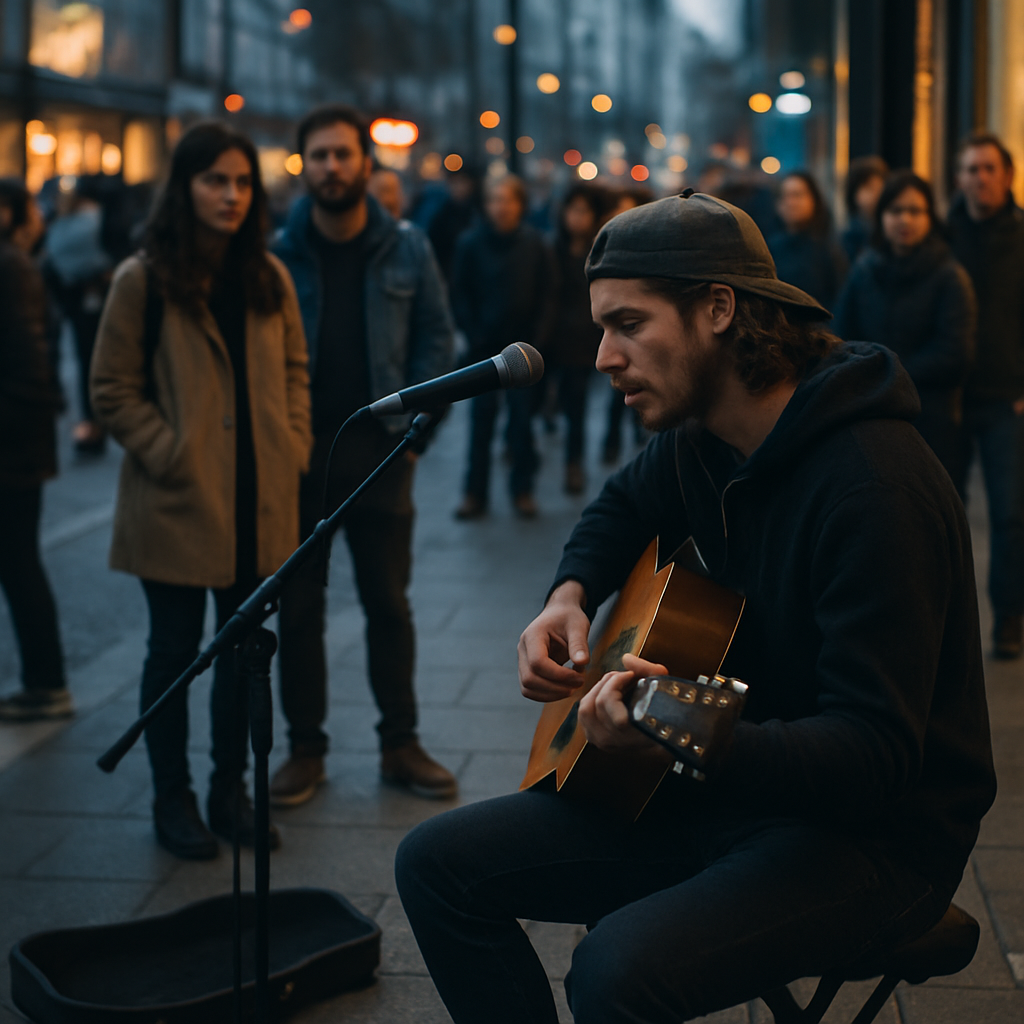 Crowd gathered around viral street performers playing music on a city pavement