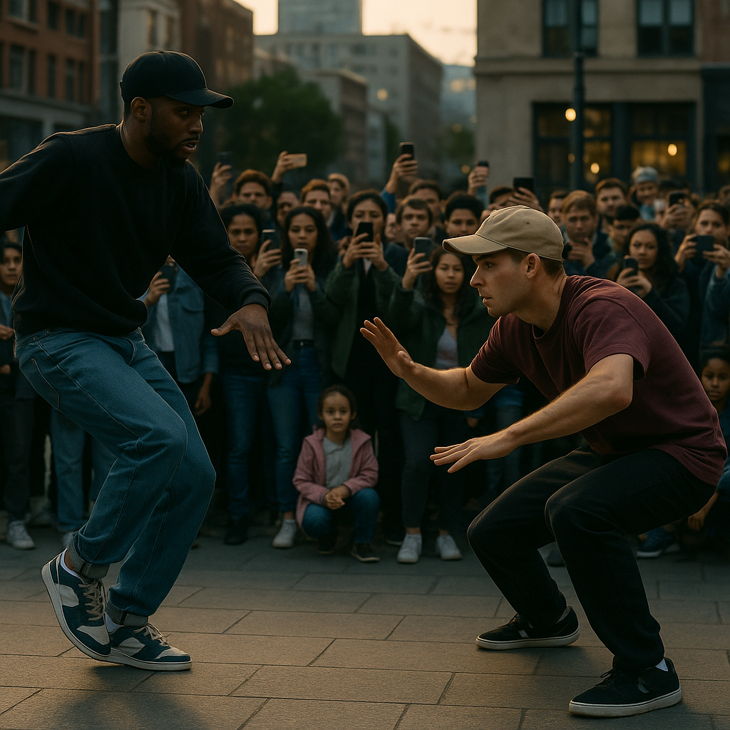 Street dancers entertaining a crowd as viral street performers in a city square