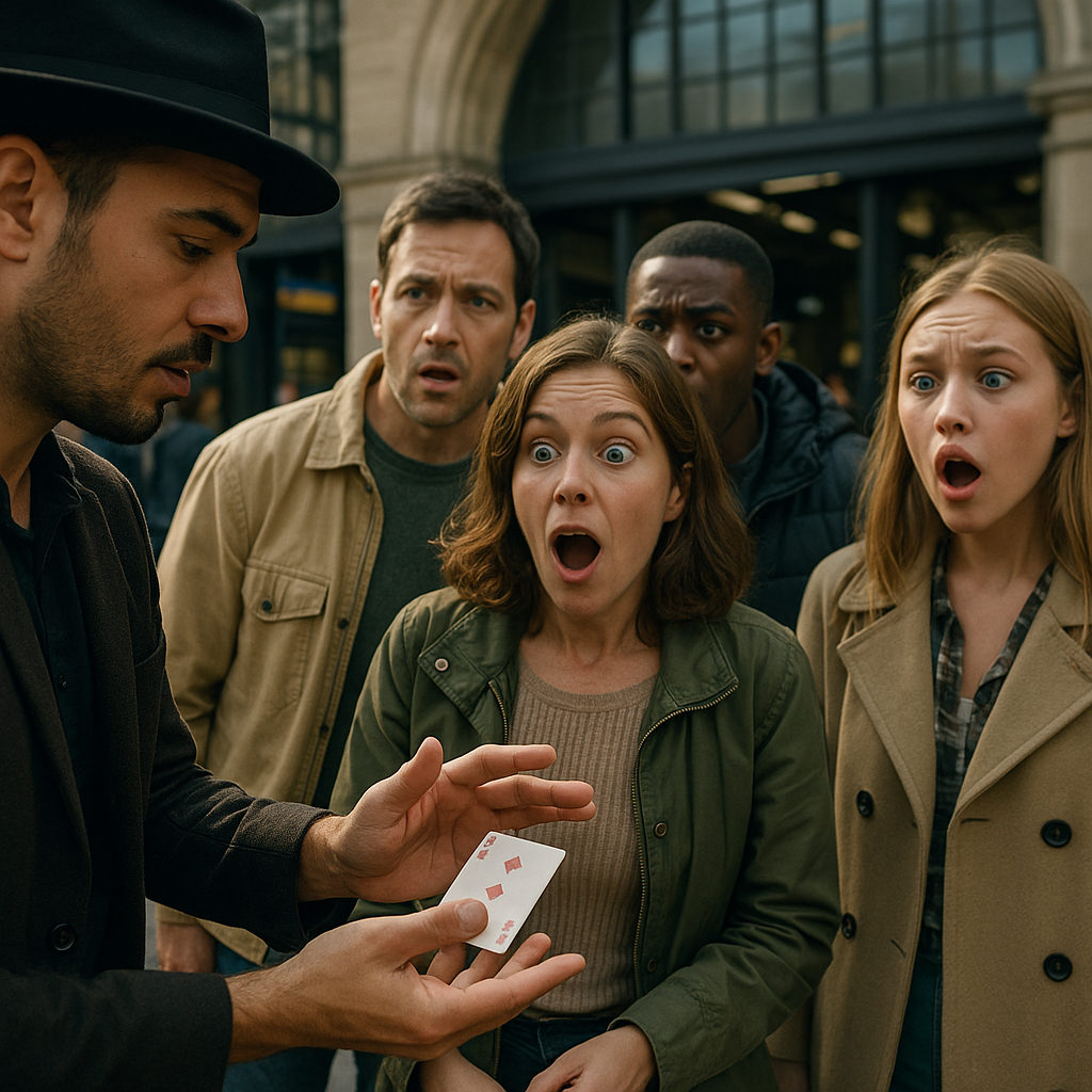 Street magician amazing a crowd as one of the viral street performers