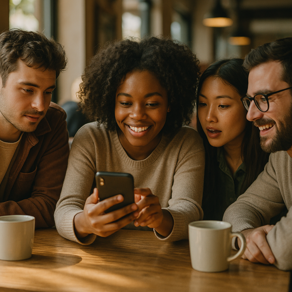 Group of friends engaging with social media posts created by micro influencers