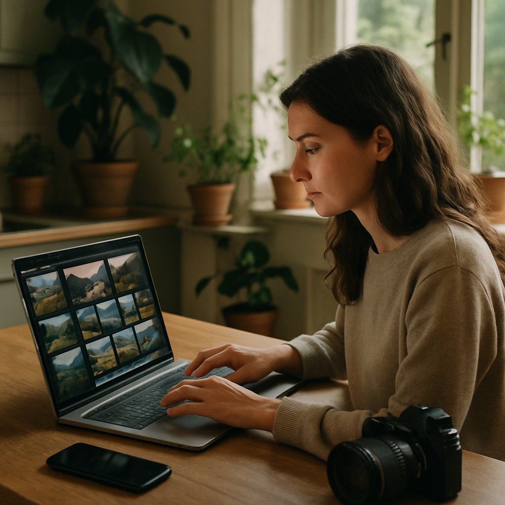 Woman editing content at home showing behind the scenes of micro influencers