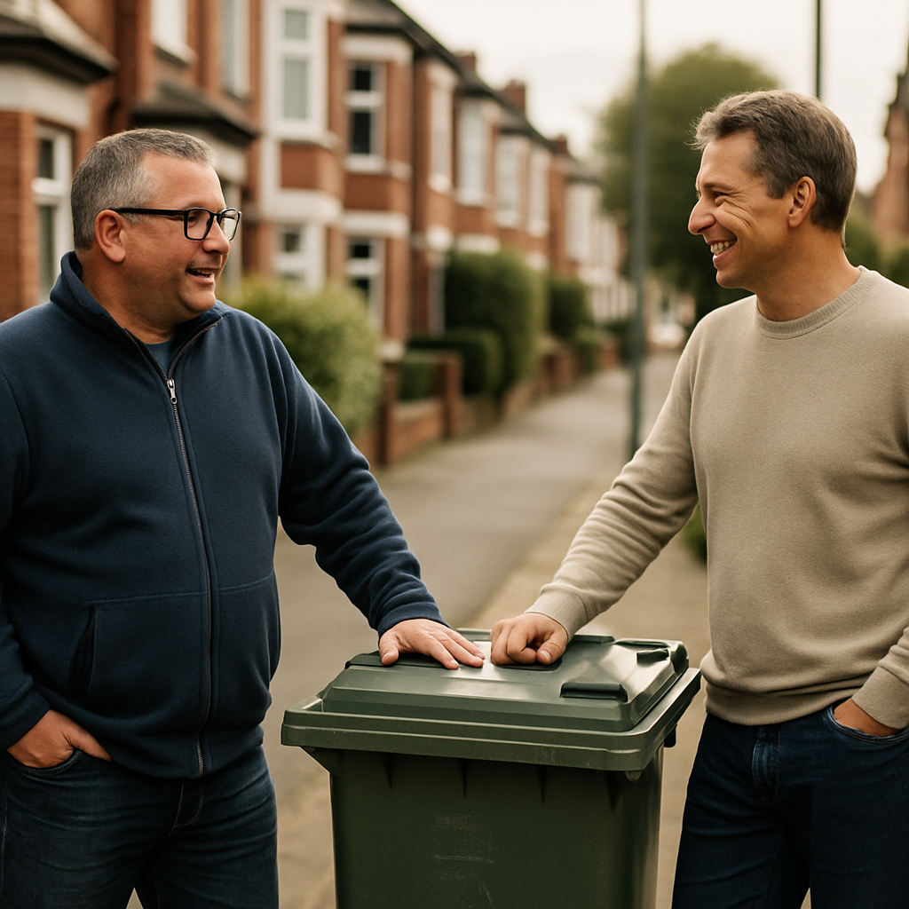 Neighbours discussing bin day etiquette beside their wheelie bins on a quiet British street