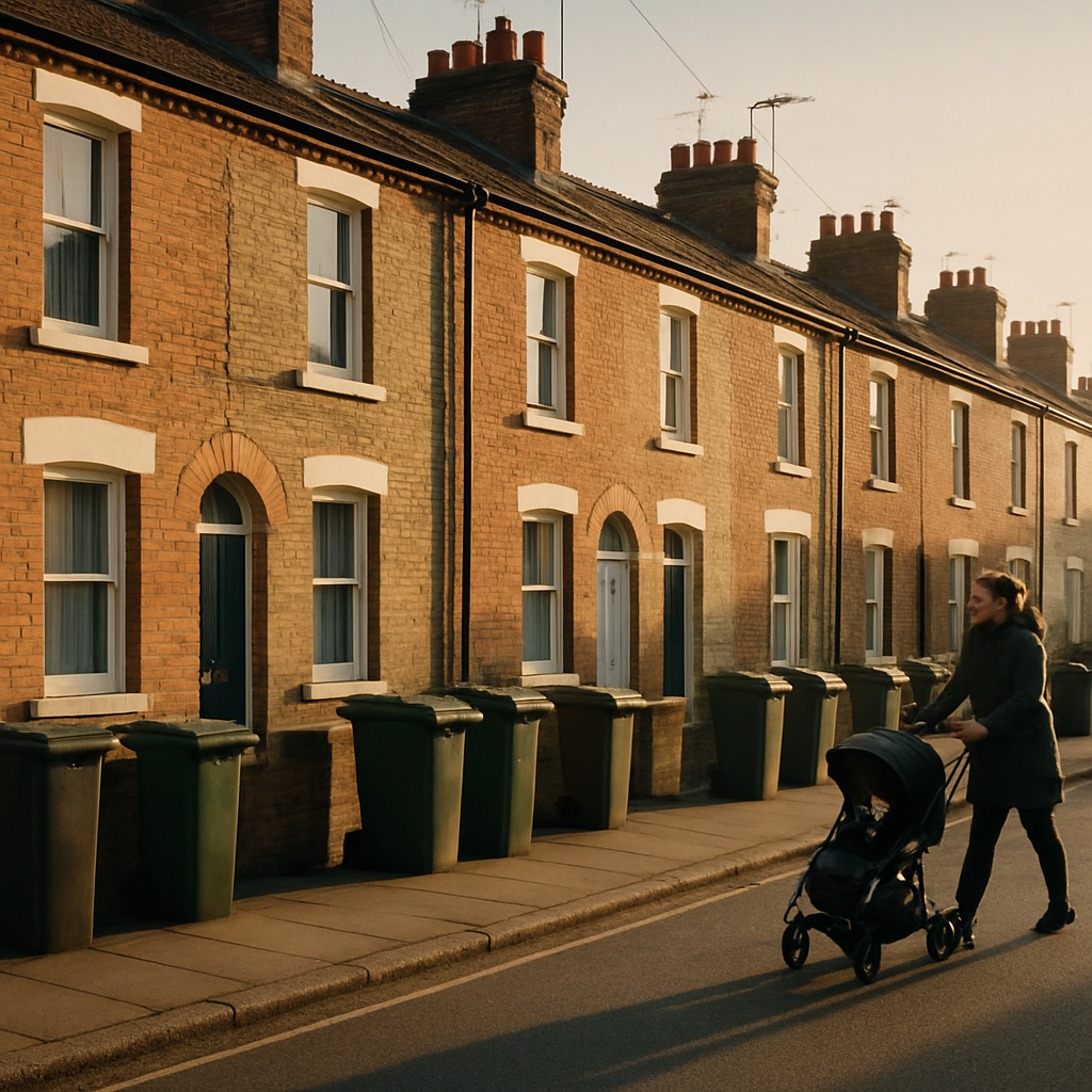 Terraced street showing bin day etiquette with clear pavements and well positioned bins