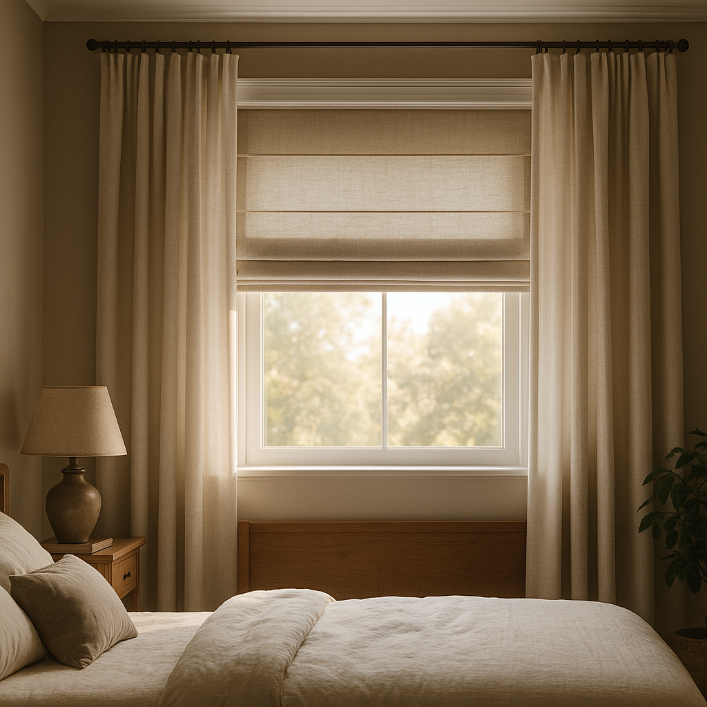Cosy bedroom design using layered window coverings for light control and privacy
