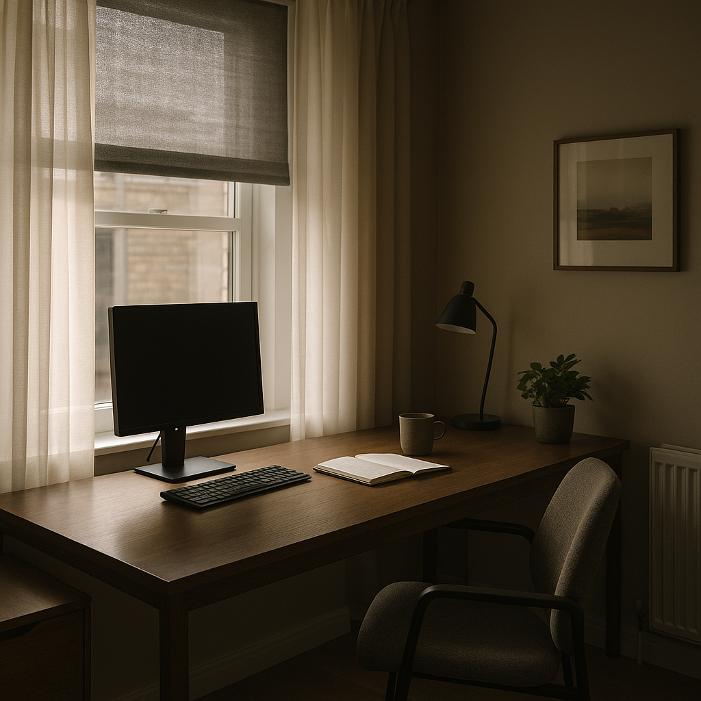 Home office window dressed with layered window coverings to reduce glare