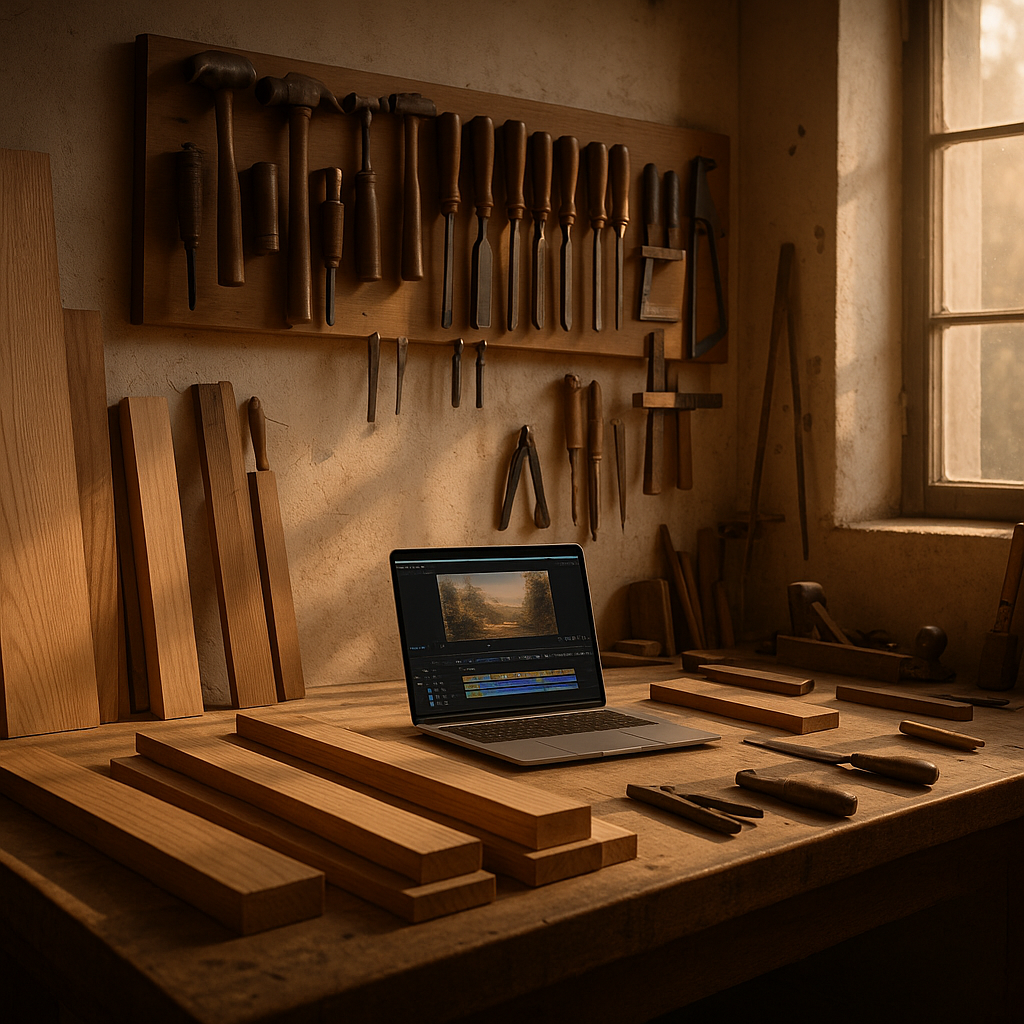 Modern studio setup used by woodworking content creators to film projects