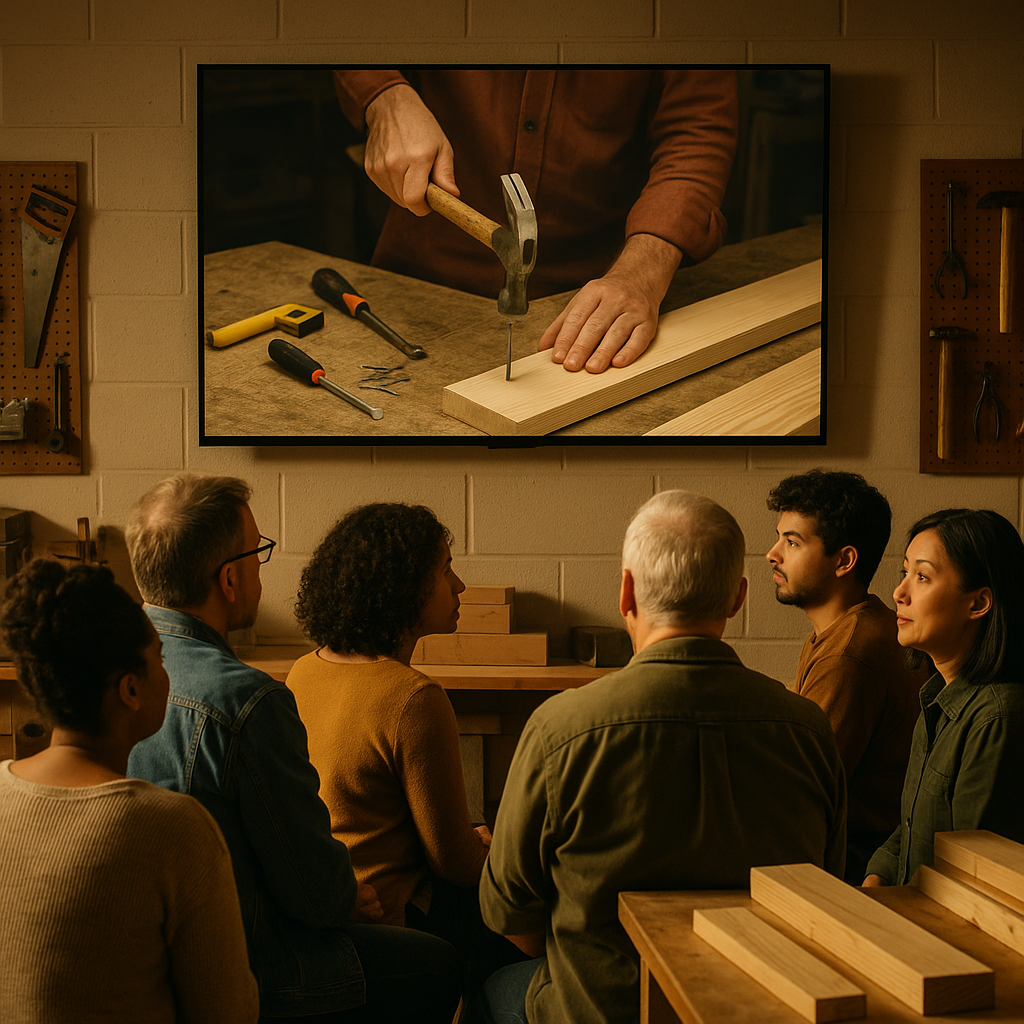 People learning from woodworking content creators on a screen in a shared workshop