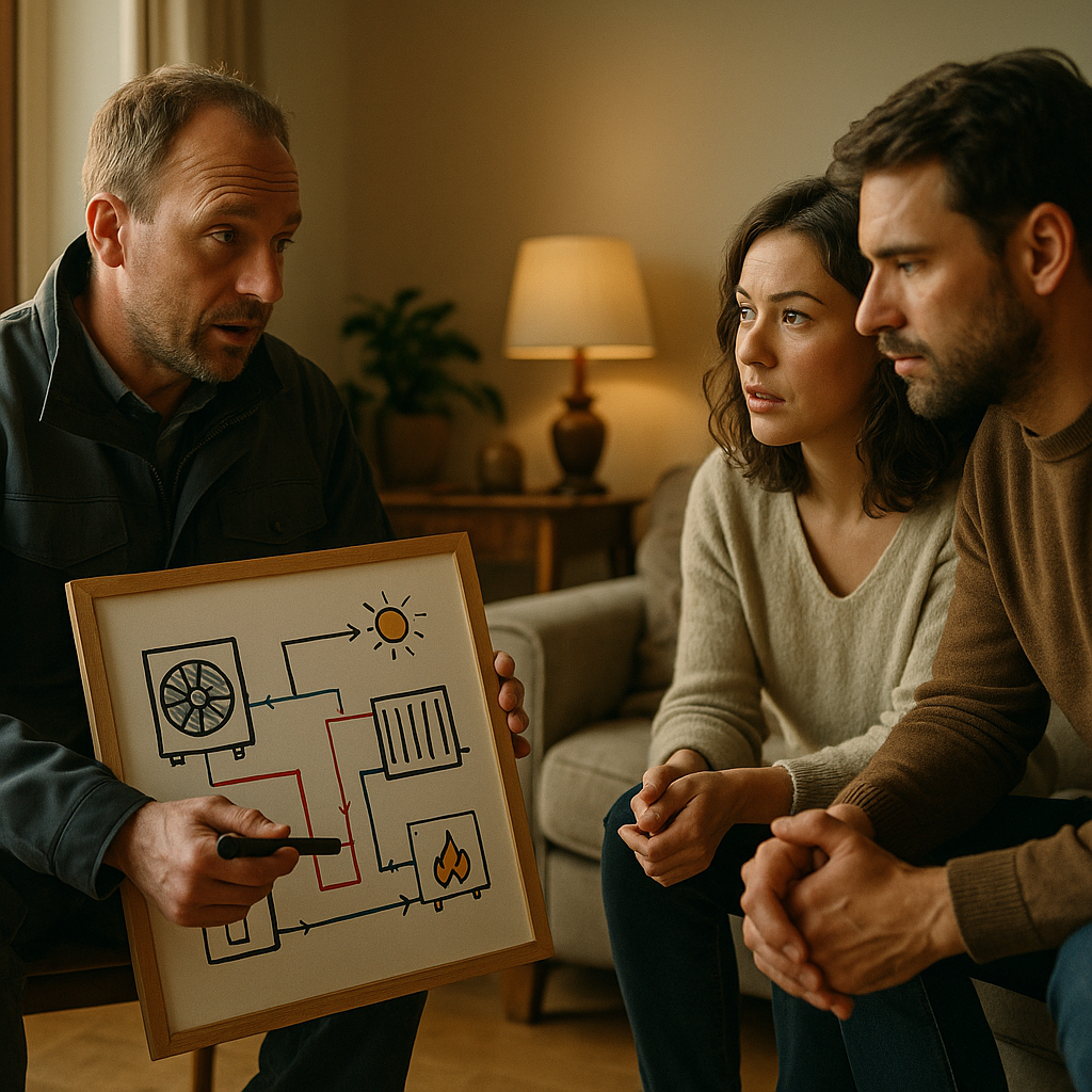 Engineer discussing hybrid heating systems with homeowners in a UK living room