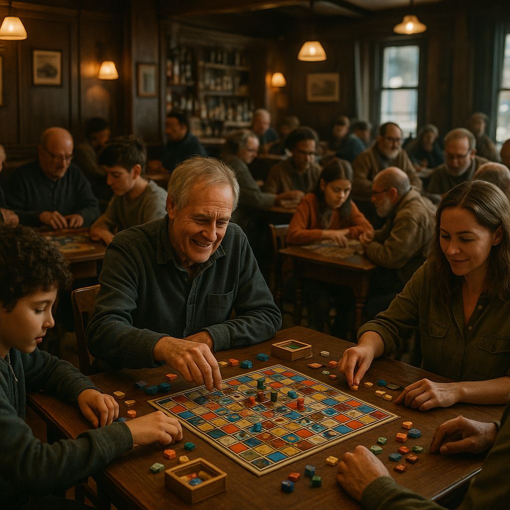 Community gathering for a social night at board game cafes and pubs
