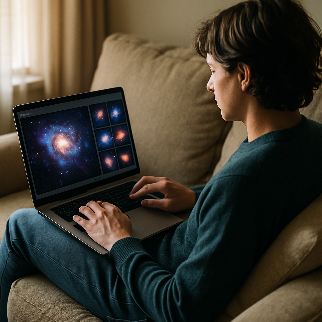 Person classifying galaxy images on a laptop for online citizen science projects