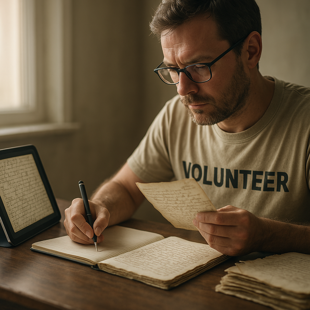 Volunteer transcribing historic archives at home for digital citizen science projects