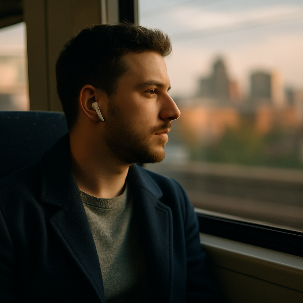 Commuter on a train listening to micro podcasts on wireless earbuds