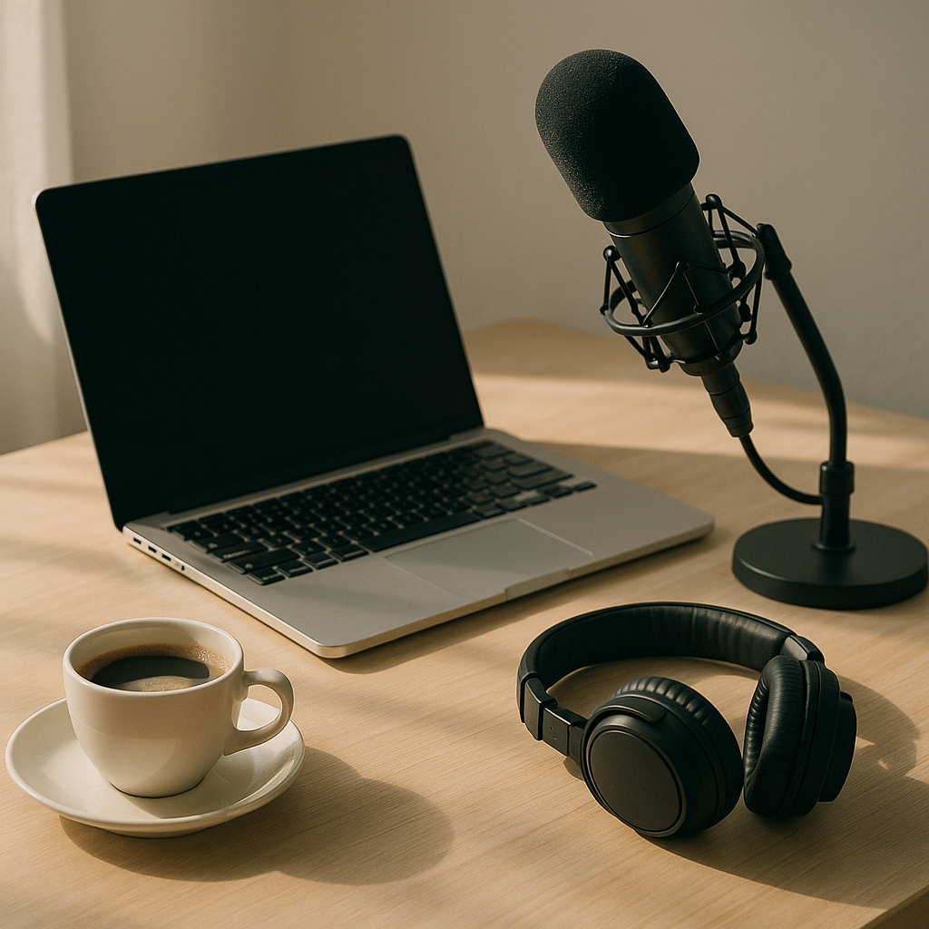 Minimalist desk setup for recording micro podcasts with microphone and laptop