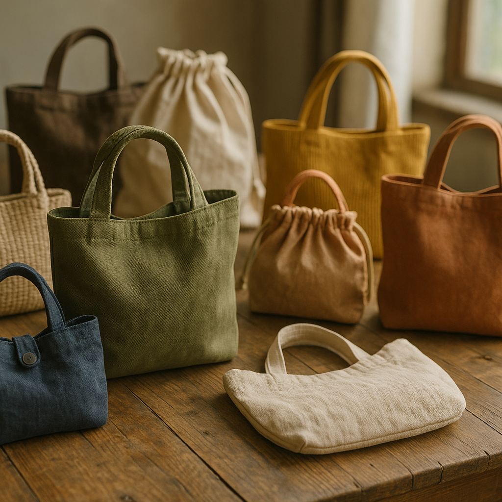 Selection of colourful handmade bags laid out on a wooden table
