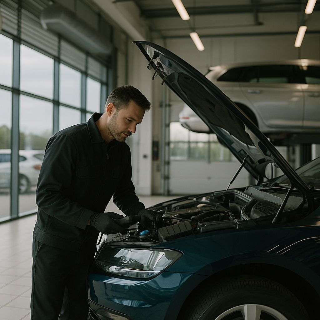 Technician inspecting a vehicle in the workshop of a modern car dealership