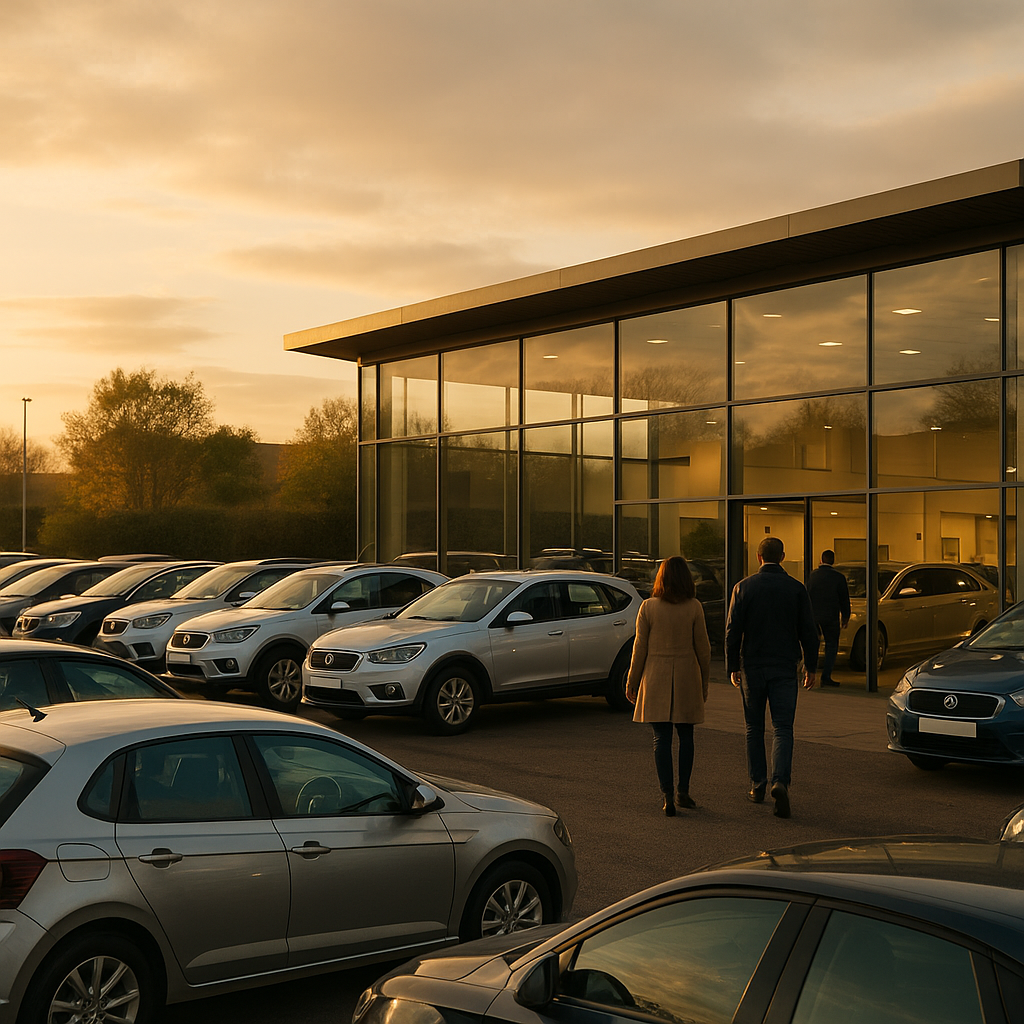 Exterior forecourt and glass showroom of a modern car dealership at sunset