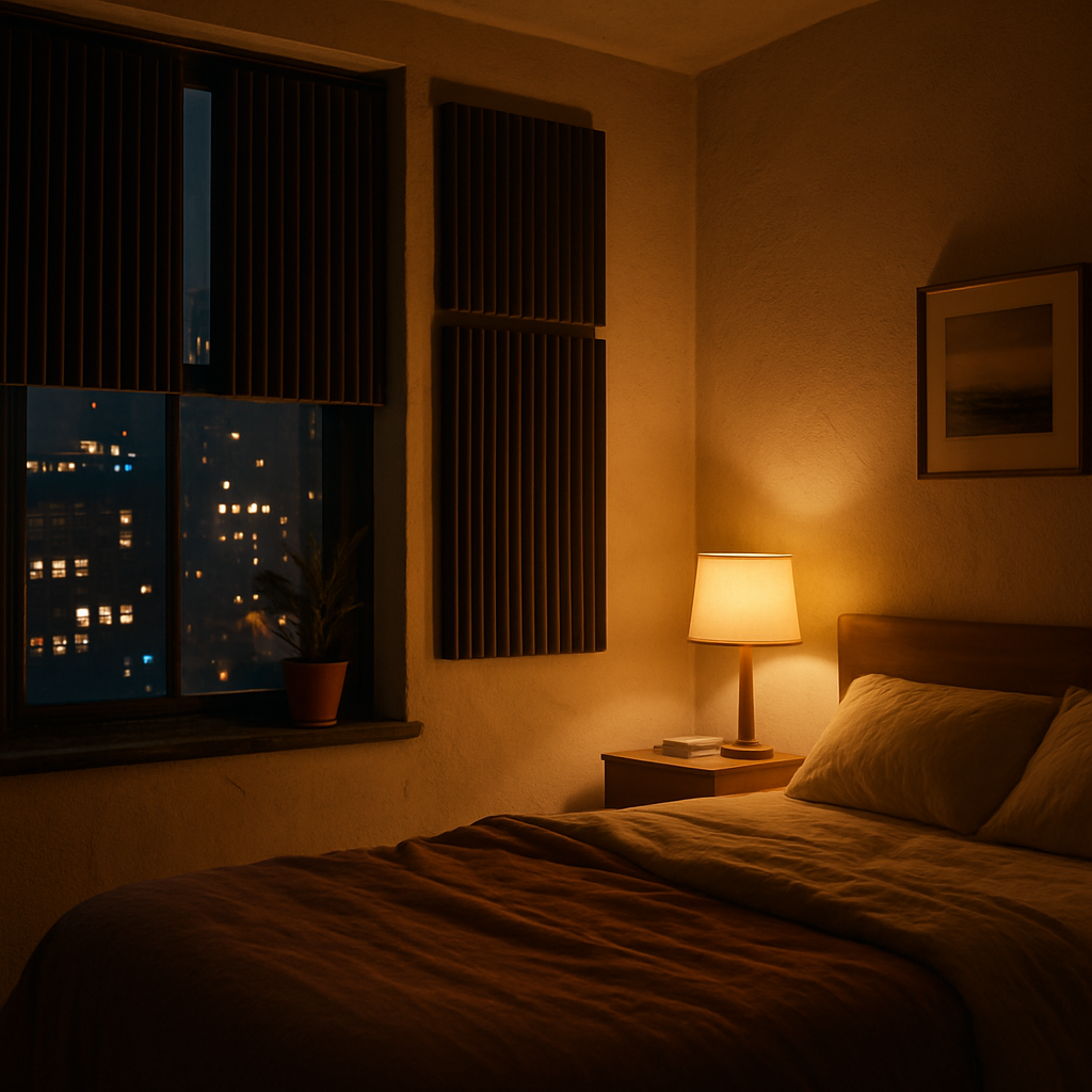 City bedroom using acoustic window panels to create a calm, quiet sleeping space