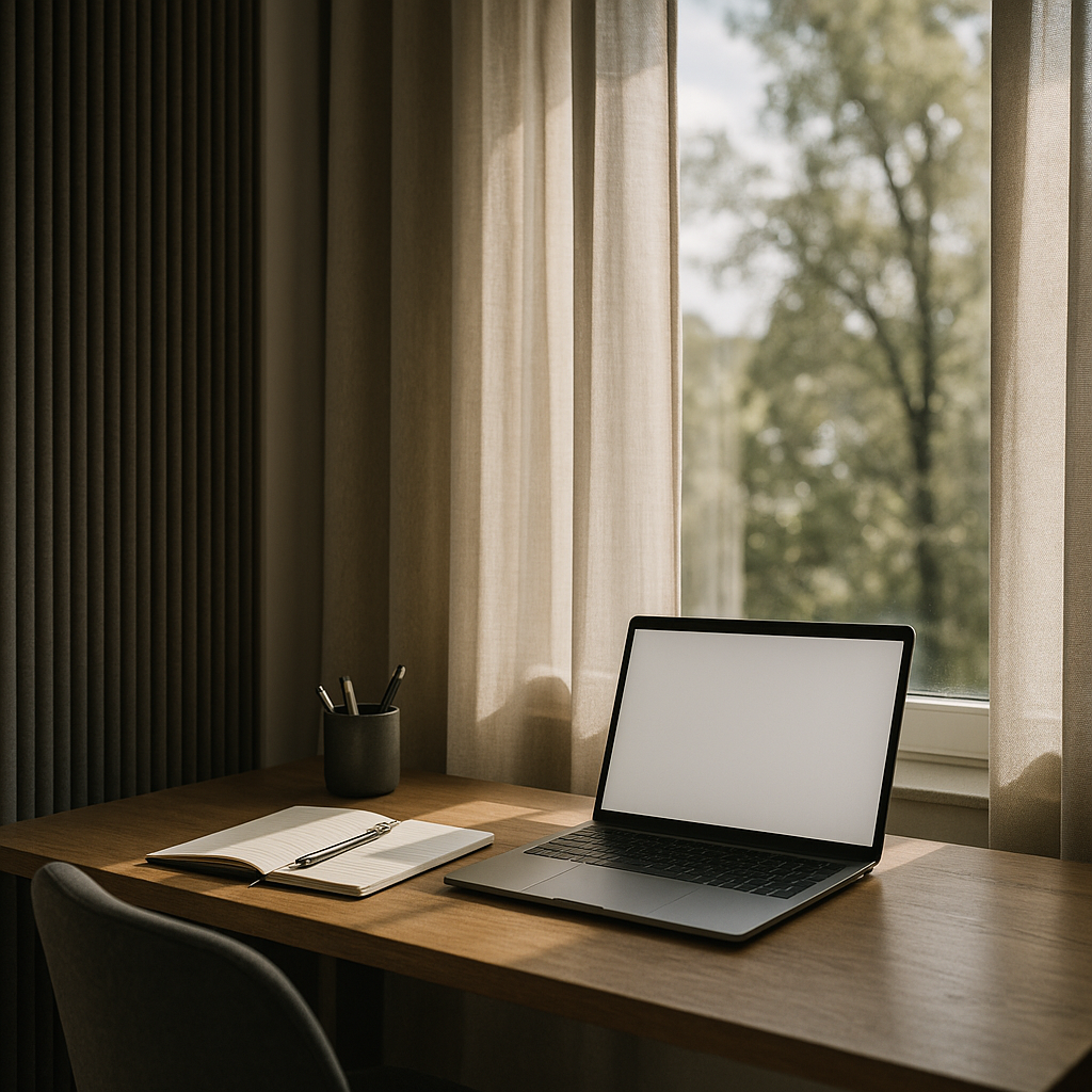 Home office with acoustic window panels improving concentration and reducing noise