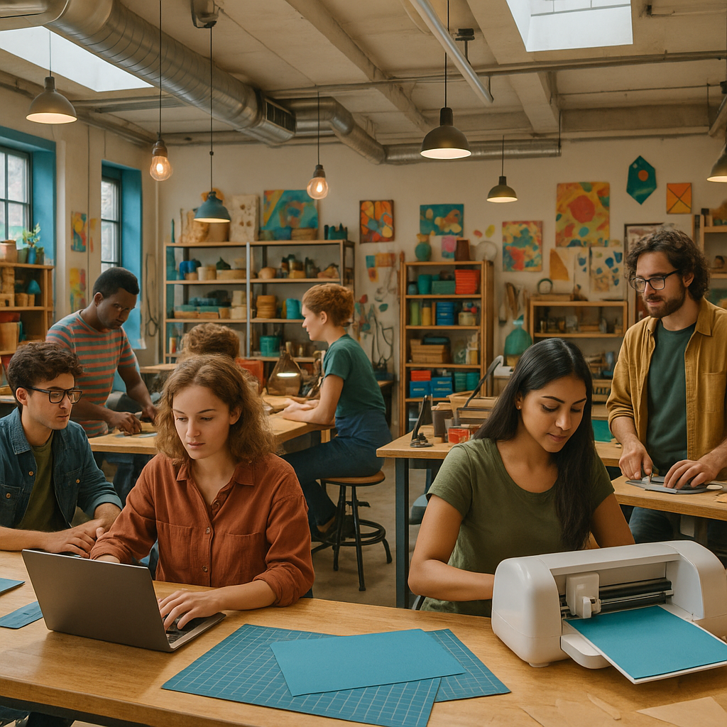 People collaborating in a makerspace as part of the digital fabrication community