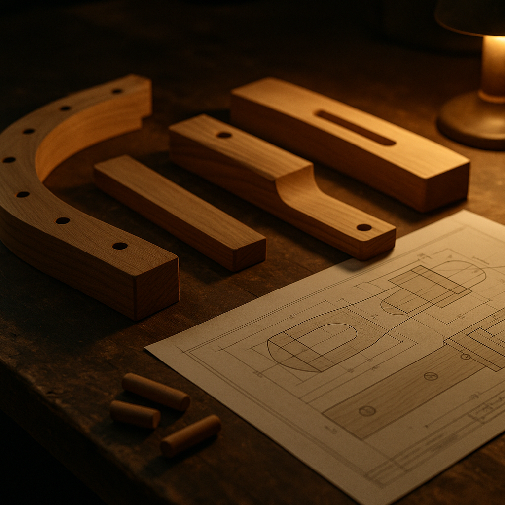 Wooden components and design plans representing a digital fabrication project in progress