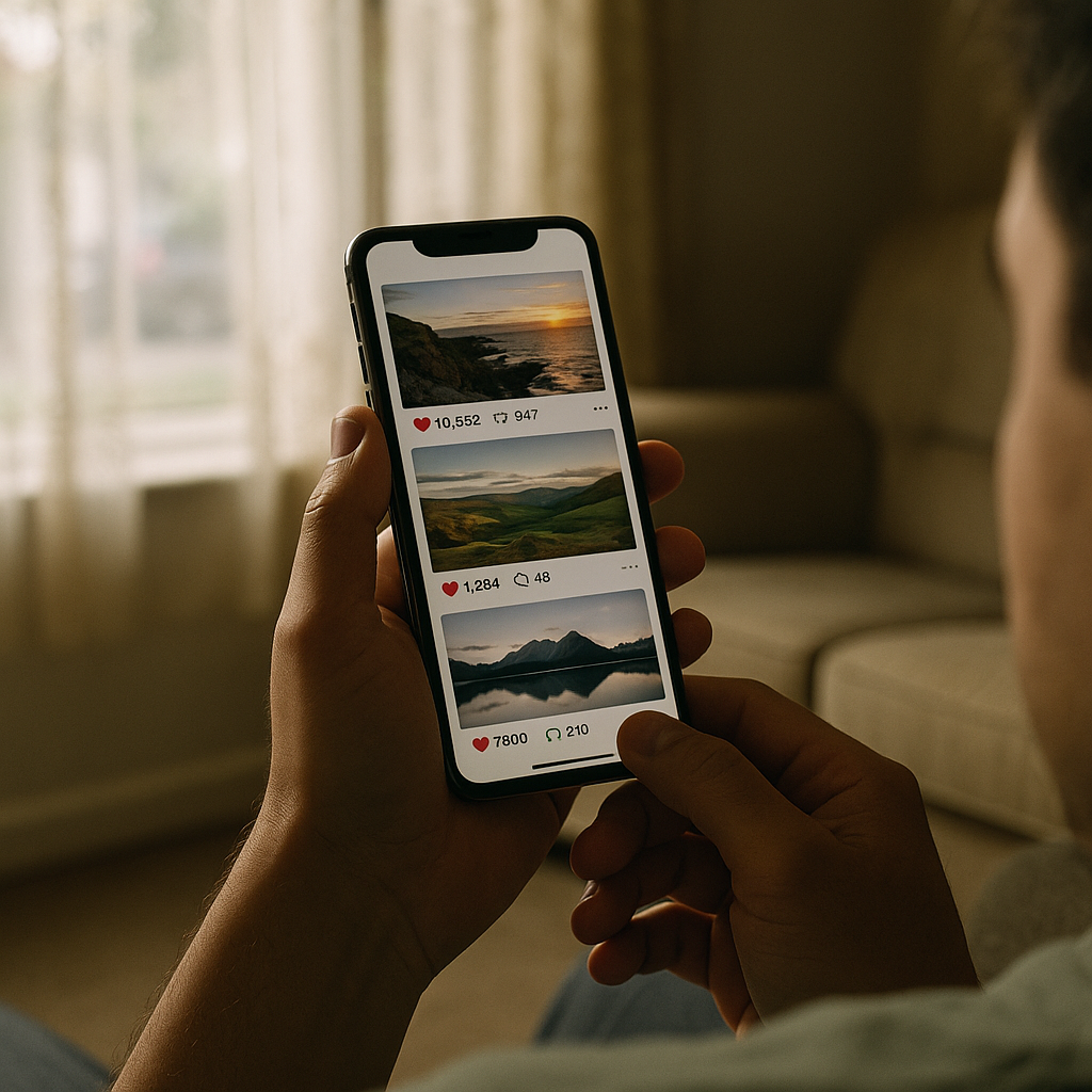 A person in a British home looking at a phone screen showing viral content engagement, reflecting unexpected viral moments 2025