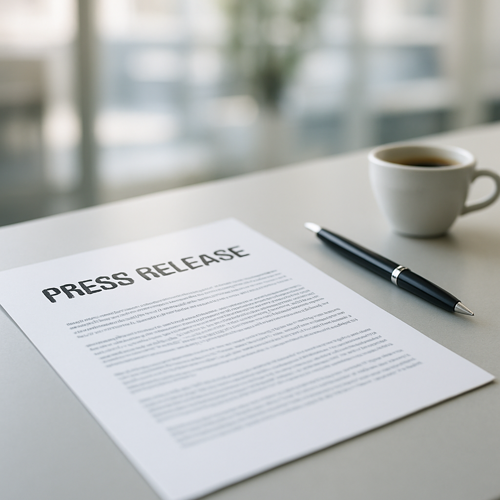 A printed press release template on a desk, illustrating how to write a press release for media coverage