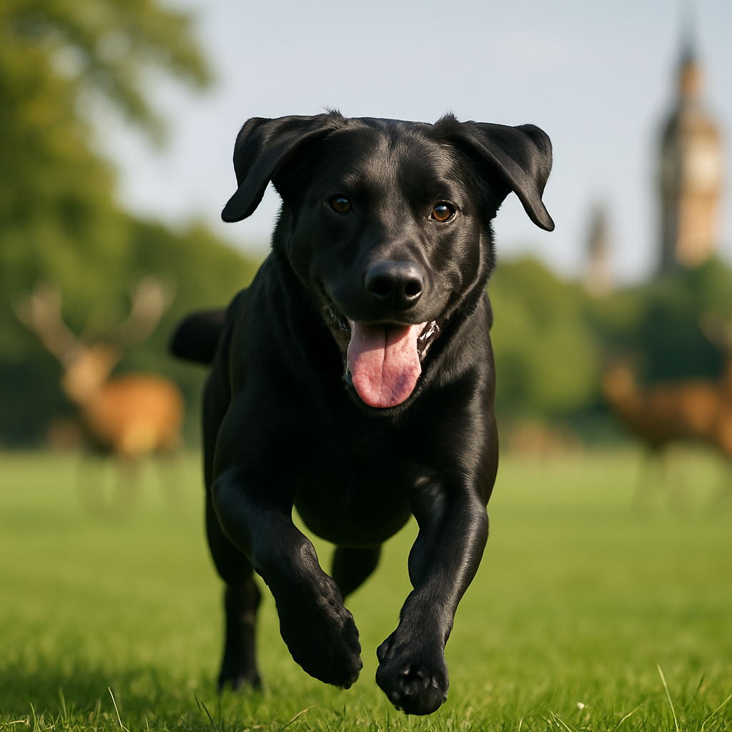 Black labrador running through a London park in one of the best UK viral moments
