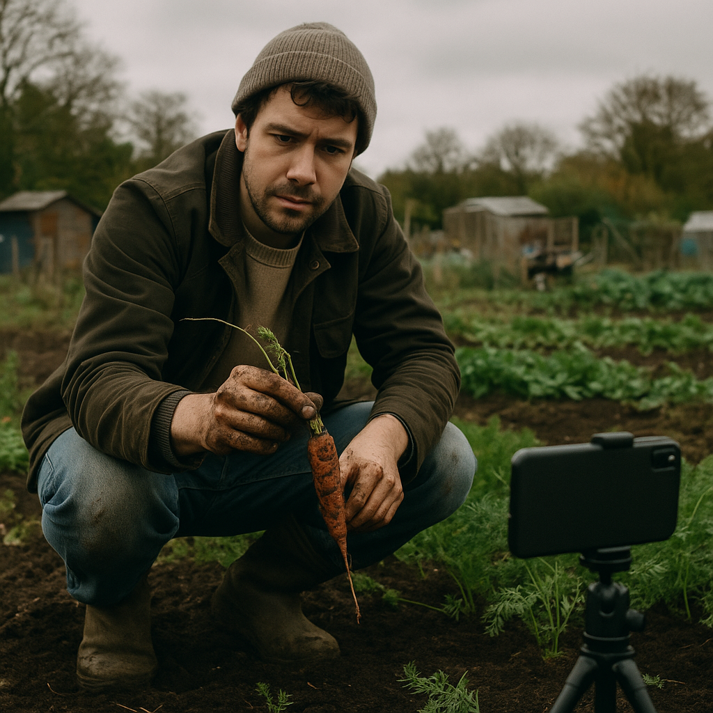 British allotment creator recording content for micro-celebrity social media channel