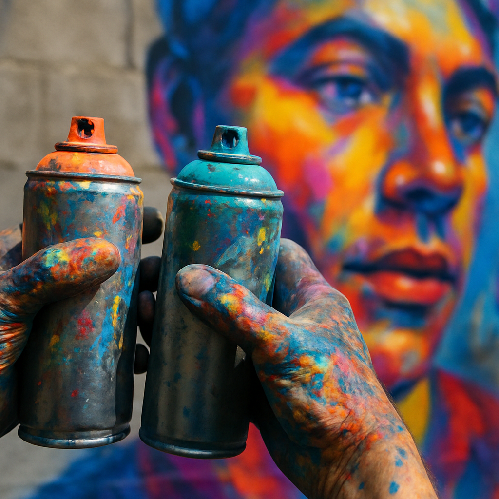 Close-up of a street artist's hands with spray cans in front of a street art mural, detail shot of the creative process