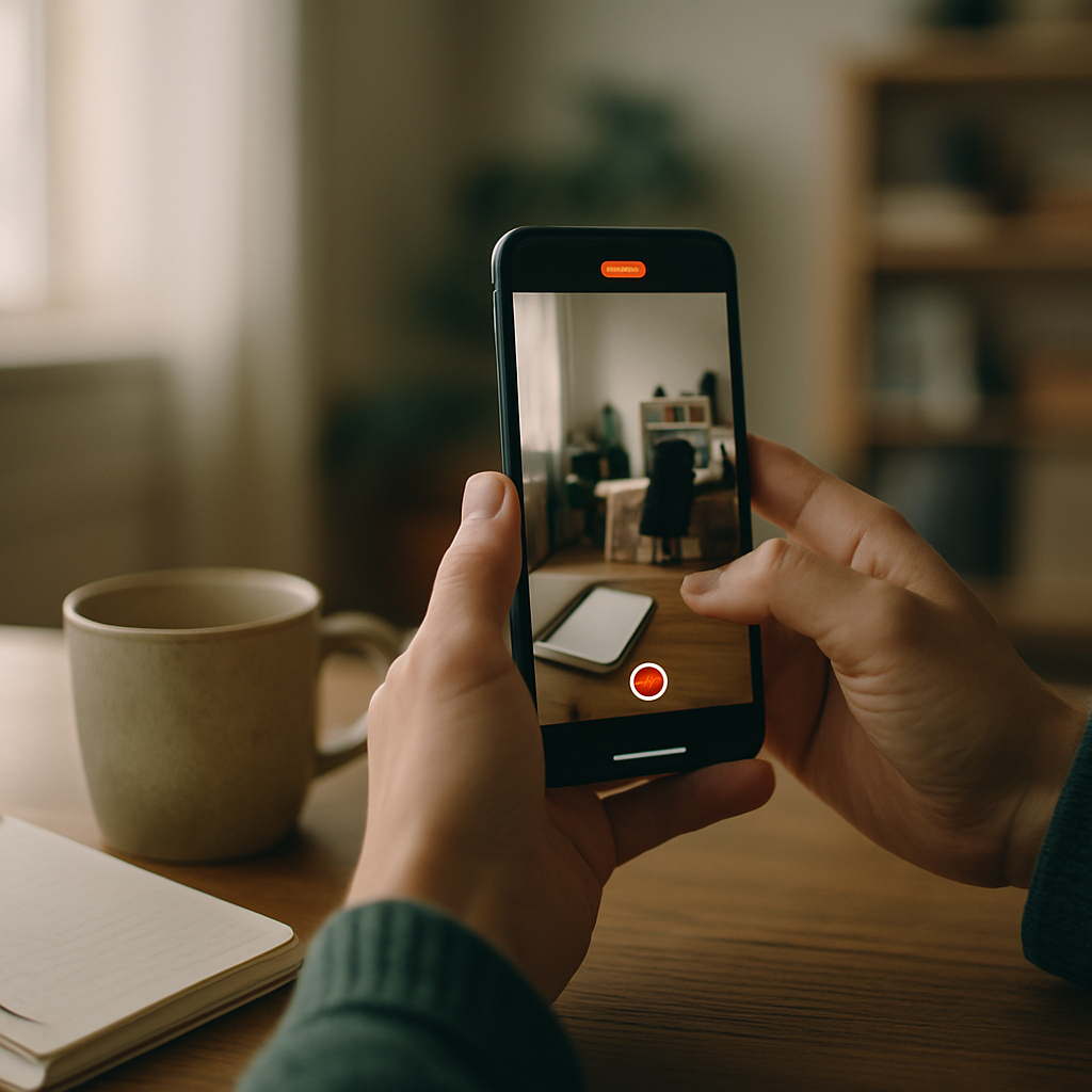 Close-up of an everyday storyteller's hands recording a video with a notebook and tea nearby