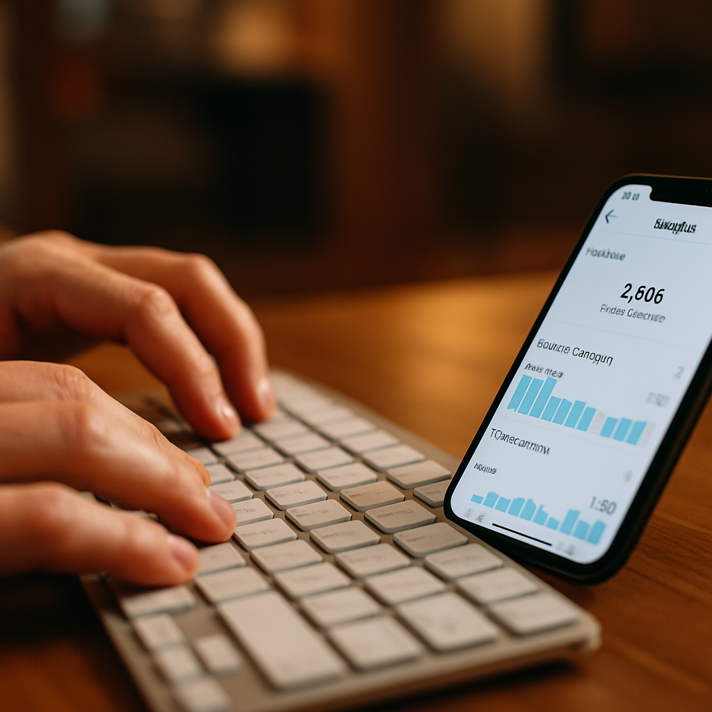 Close-up of creator using AI tools to go viral through content analytics on mobile and laptop