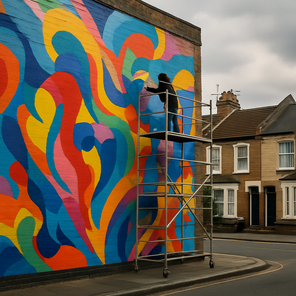 Muralist painting a large street art mural on a brick wall in a UK city, representing street art fame in the digital age