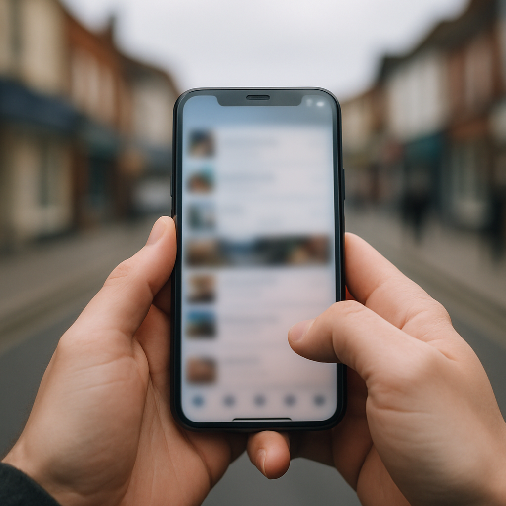 Person scrolling through social media on a British high street, recalling best UK viral moments