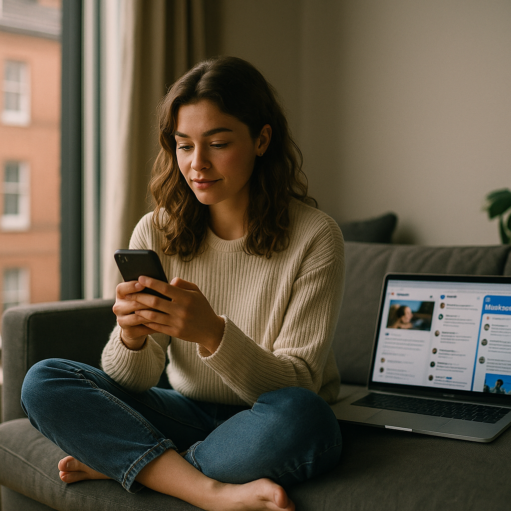Young UK creator researching the best platform to go viral 2026 on her laptop and phone