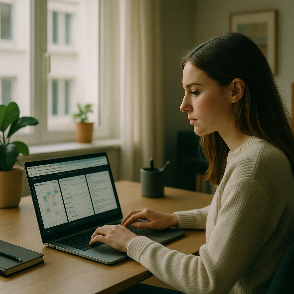 Young woman using AI tools to go viral, working at a laptop in a bright British flat