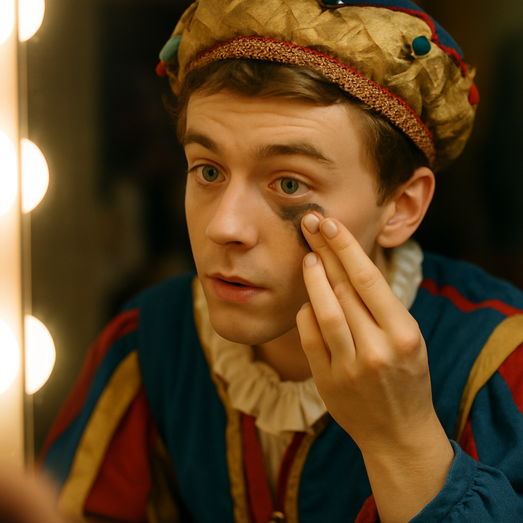 Close-up of a performer backstage at an amateur theatre UK production applying stage makeup