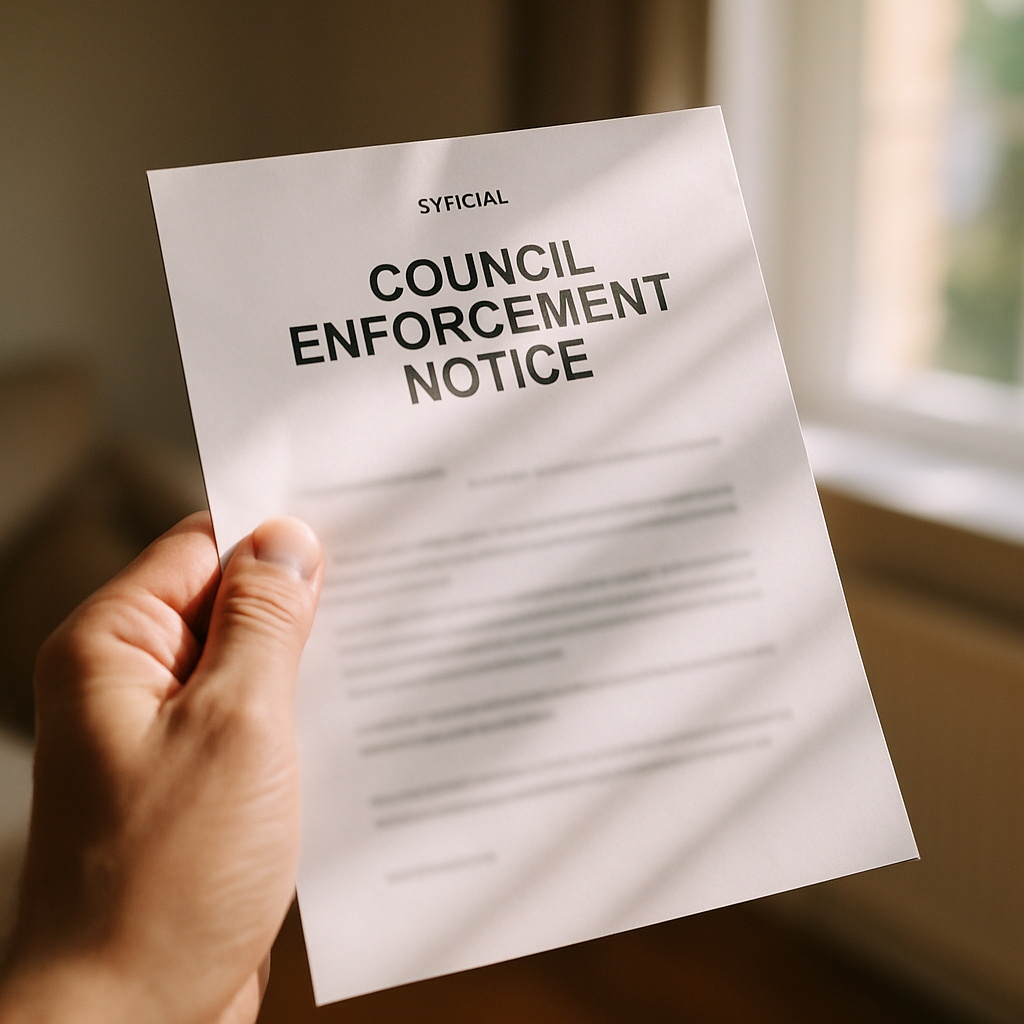 Close-up of council enforcement notice related to planning permission dispute UK
