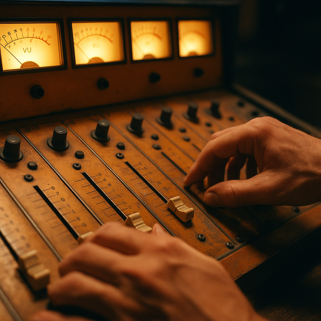 Underground broadcaster adjusting levels on a vintage mixing desk