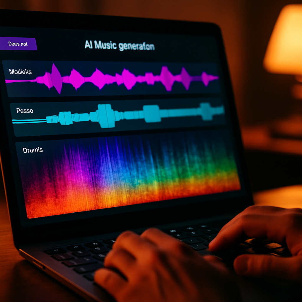 AI creator economy music tool interface showing waveform generation on a laptop