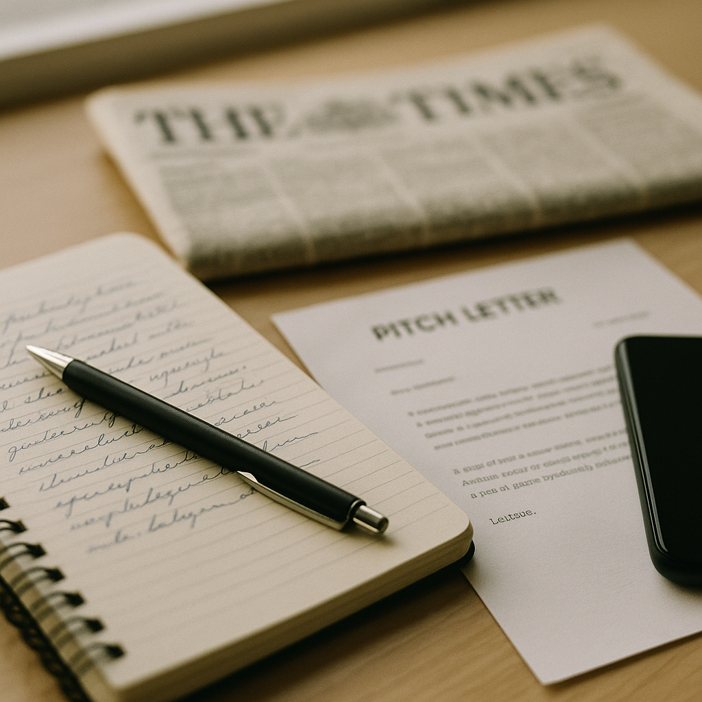 Press pitch notes and notebook representing the process of gaining side hustle story press coverage