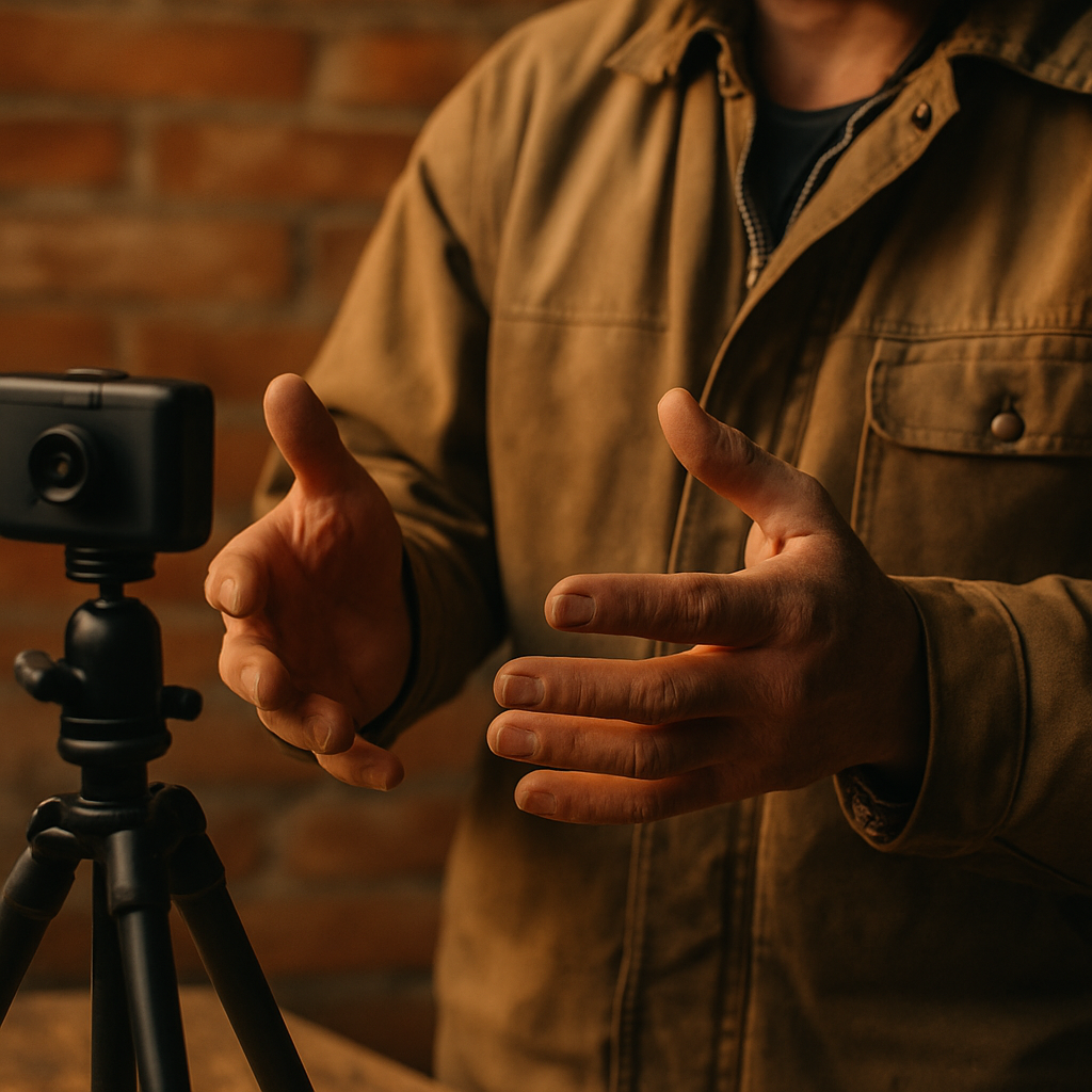 Tradesperson explaining expertise on camera as part of building a career from a viral moment